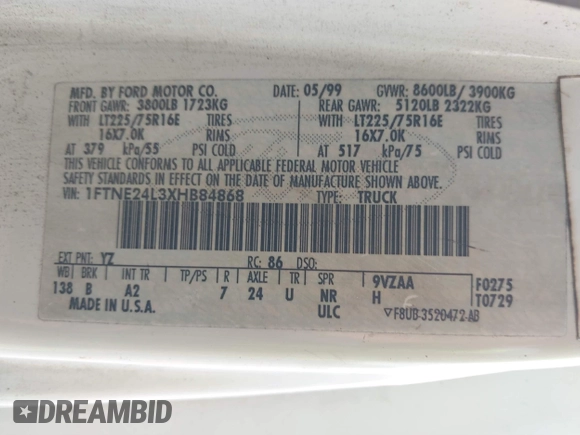 1999 Ford Econoline Cargo Commercial with VIN 1FTNE24L3XHB84868, listed as a IAAI auction lot 41151145 with 450,651 mi miles and . Bid and sale history available at carsss.com. Image 9.