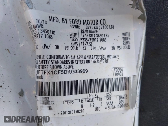 2013 Ford F-150 XL with VIN 1FTFX1CF5DKG33969, listed as a IAAI auction lot 41139310 with 180,330 mi miles and . Bid and sale history available at DreamBid. Image 9.
