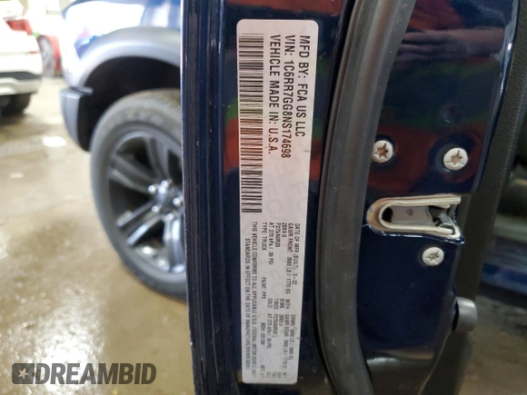 2022 Ram 1500 Warlock z VIN 1C6RR7GG8NS174698, wystawiony jako Copart lot #58217935 z przebiegiem 49 775 mil mil oraz Szkoda całkowita • Salvage title. Historia ofert i sprzedaży dostępna na DreamBid. Obrazek 12.