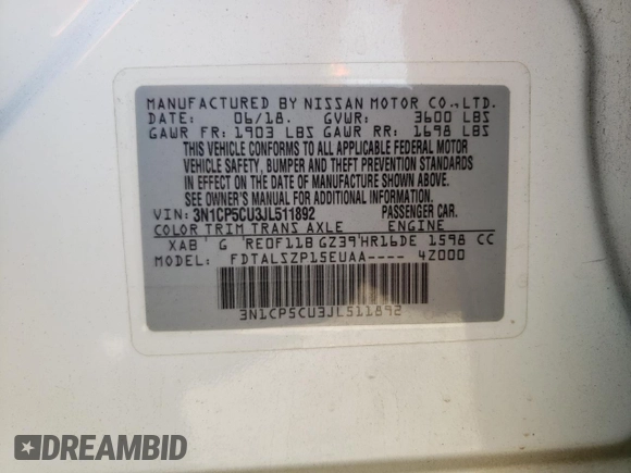 2018 Nissan Kicks SV with VIN 3N1CP5CU3JL511892, listed as a Copart auction lot 57260555 with 71,305 mi miles and Salvage title. Bid and sale history available at DreamBid. Image 13.