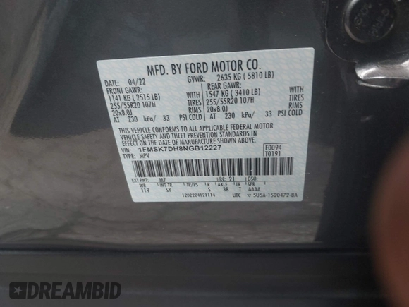2022 Ford Explorer XLT z VIN 1FMSK7DH8NGB12227, wystawiony jako IAAI lot #42171362 z przebiegiem 7 543 mil mil oraz . Historia ofert i sprzedaży dostępna na DreamBid. Obrazek 9.