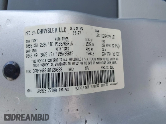 2008 Chrysler PT Cruiser with VIN 3A8FY48B18T120669, listed as a IAAI auction lot 42308743 with 114,765 mi miles and . Bid and sale history available at DreamBid. Image 9.