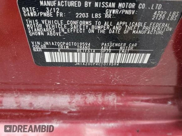 2012 Nissan LEAF SL with VIN JN1AZ0CP4CT019594, listed as a Copart auction lot 56003495 with 62,110 mi miles and Clean Title. Bid and sale history available at DreamBid. Image 12.