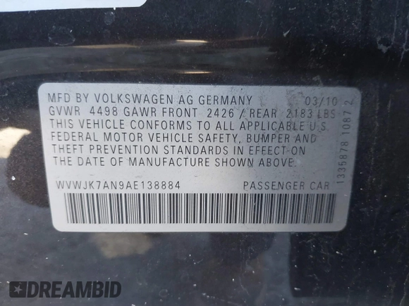 2010 Volkswagen Passat Komfort with VIN WVWJK7AN9AE138884, listed as a IAAI auction lot 38454029 with 97,595 mi miles and . Bid and sale history available at DreamBid. Image 9.