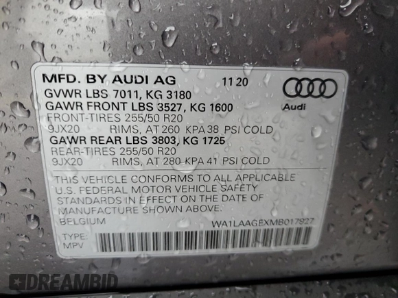 2021 Audi e-tron Premium Plus with VIN WA1LAAGEXMB017927, listed as a Copart auction lot 83877554 with 54,348 mi miles and Salvage Title. Bid and sale history available at DreamBid. Image 14.