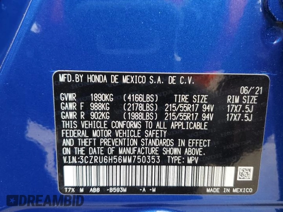 2021 Honda HR-V EX with VIN 3CZRU6H56MM750353, listed as a Copart auction lot 49117395 with Not Provided miles and Clean Title. Bid and sale history available at DreamBid. Image 12.