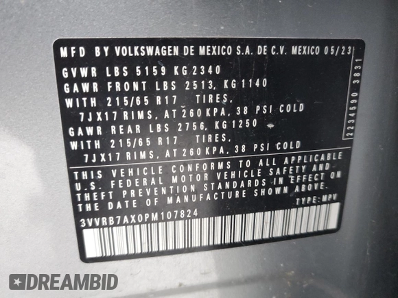 2023 Volkswagen Tiguan S with VIN 3VVRB7AX0PM107824, listed as a Copart auction lot 83444374 with 28,588 mi miles and Salvage title. Bid and sale history available at DreamBid. Image 13.
