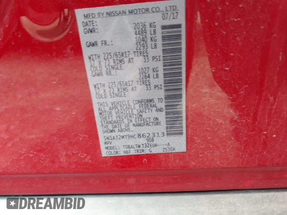 2017 Nissan Rogue S with VIN 5N1AT2MT9HC862313, listed as a IAAI auction lot 42221093 with 71,566 mi miles and . Bid and sale history available at DreamBid. Image 9.