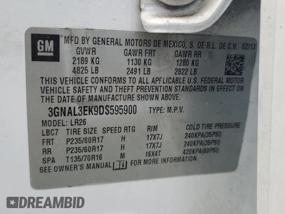 2013 Chevrolet Captiva Sport LT with VIN 3GNAL3EK9DS595900, listed as a Copart auction lot 69767424 with Not Provided miles and Salvage Title. Bid and sale history available at DreamBid. Image 13.