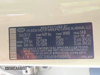 2022 Hyundai Tucson SEL with VIN 5NMJC3AE6NH060475, listed as a IAAI auction lot 41808281 with 94,694 mi miles and . Bid and sale history available at DreamBid. Image 9.
