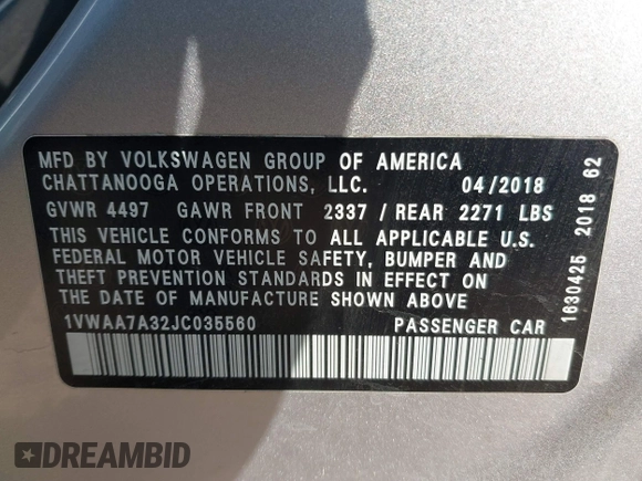 2018 Volkswagen Passat 2.0T S with VIN 1VWAA7A32JC035560, listed as a IAAI auction lot 41803286 with 125,969 mi miles. Bid and sale history available at carsss.com. Image 9.