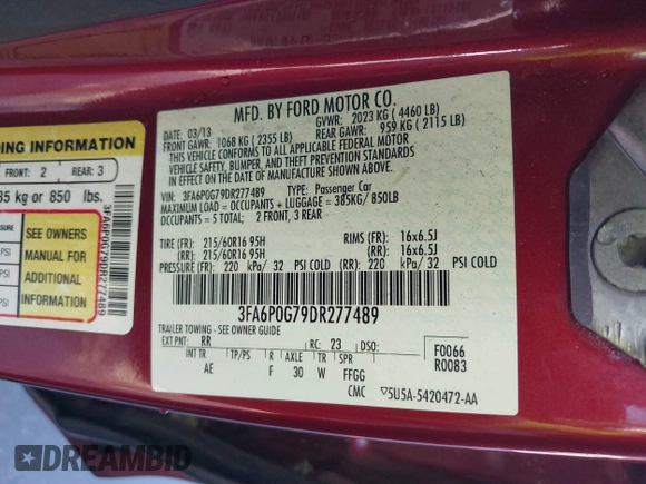 2013 Ford Fusion S with VIN 3FA6P0G79DR277489, listed as a IAAI auction lot 41861497 with 179,842 mi miles and . Bid and sale history available at carsss.com. Image 9.