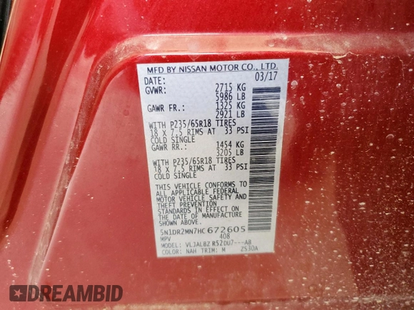2017 Nissan Pathfinder S with VIN 5N1DR2MN7HC672605, listed as a Copart auction lot 57998845 with 105,434 mi miles and Clean title. Bid and sale history available at DreamBid. Image 13.
