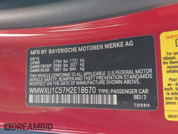 2017 MINI Hardtop 4 Door Cooper z VIN WMWXU1C57H2E18670, wystawiony jako IAAI lot #41950314 z przebiegiem 94 199 mil mil oraz . Historia ofert i sprzedaży dostępna na DreamBid. Obrazek 9.