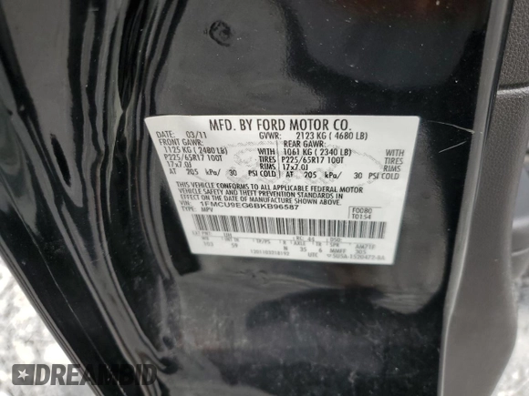 2011 Ford Escape Limited with VIN 1FMCU9EG6BKB96587, listed as a Copart auction lot 53936495 with 231,910 mi miles and Salvage Title. Bid and sale history available at DreamBid. Image 13.
