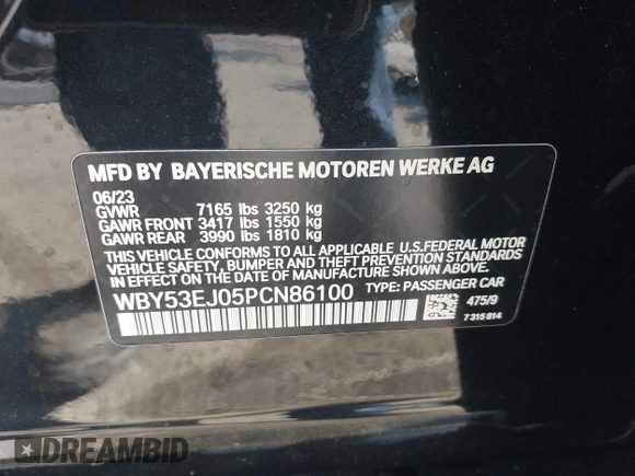 2023 BMW i7 xDrive60 z VIN WBY53EJ05PCN86100, wystawiony jako IAAI lot #40845180 z przebiegiem 4 231 mil mil oraz . Historia ofert i sprzedaży dostępna na DreamBid. Obrazek 9.