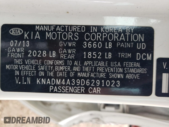 2013 Kia Rio LX with VIN KNADM4A39D6291023, listed as a Copart auction lot 69408964 with 98,709 mi miles and Salvage Title. Bid and sale history available at carsss.com. Image 12.