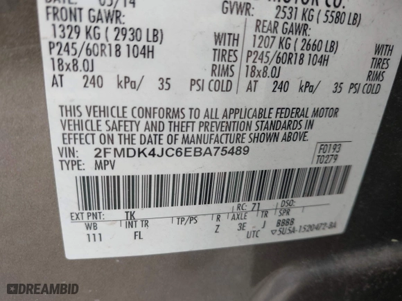 2014 Ford Edge SEL with VIN 2FMDK4JC6EBA75489, listed as a IAAI auction lot 41929051 with 91,879 mi miles. Bid and sale history available at carsss.com. Image 9.