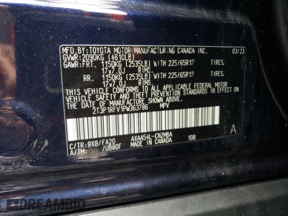 2023 Toyota RAV4 XLE with VIN 2T3P1RFV1PW363786, listed as a Copart auction lot 53697715 with 8,220 mi miles and Salvage title. Bid and sale history available at DreamBid. Image 13.
