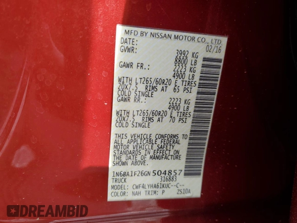 2016 Nissan Titan SL z VIN 1N6BA1F26GN504857, wystawiony jako Copart lot #49452855 z przebiegiem 114 264 mil mil oraz Szkoda całkowita • Salvage title. Historia ofert i sprzedaży dostępna na DreamBid. Obrazek 12.