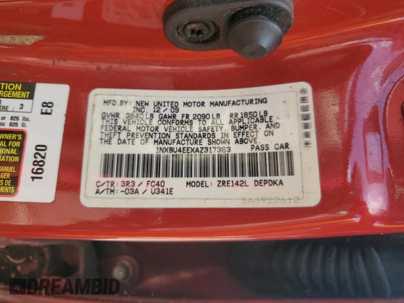2010 Toyota Corolla with VIN 1NXBU4EEXAZ317363, listed as a Copart auction lot 53997385 with 234,223 mi miles and Salvage Title. Bid and sale history available at carsss.com. Image 12.