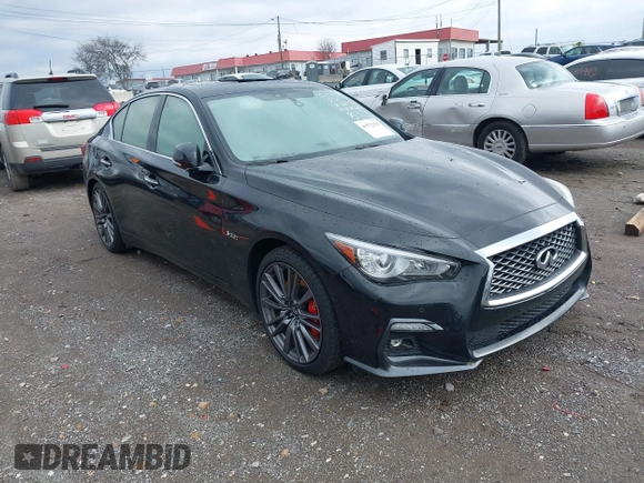 2018 Infiniti Q50 RED SPORT 400 with VIN JN1FV7ARXJM481650, listed as a IAAI auction lot 41572515 with 75,957 mi miles. Bid and sale history available at carsss.com. Image 1.