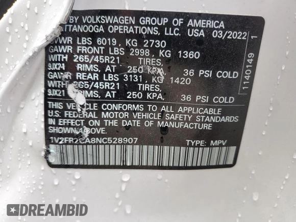2022 Volkswagen Atlas SEL Premium R-Line with VIN 1V2FR2CA8NC528907, listed as a Copart auction lot 60201125 with 26,125 mi miles and Salvage title. Bid and sale history available at DreamBid. Image 13.