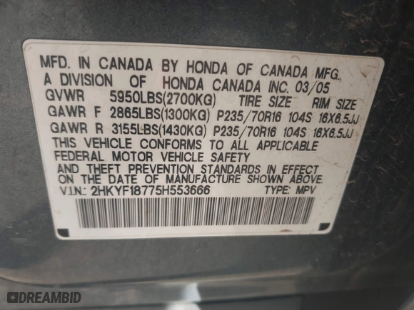 2005 Honda Pilot EX-L with NAVI with VIN 2HKYF18775H553666, listed as a IAAI auction lot 41858179 with 241,011 mi miles. Bid and sale history available at carsss.com. Image 9.