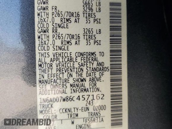 2006 Nissan Frontier LE with VIN 1N6AD07W86C457162, listed as a Copart auction lot 44073925 with 232,162 mi miles and Clean title. Bid and sale history available at DreamBid. Image 12.