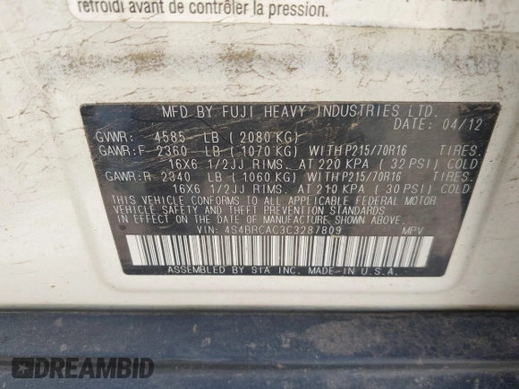 2012 Subaru Outback 2.5i with VIN 4S4BRCAC3C3287809, listed as a IAAI auction lot 42626421 with Not provided miles and . Bid and sale history available at DreamBid. Image 9.