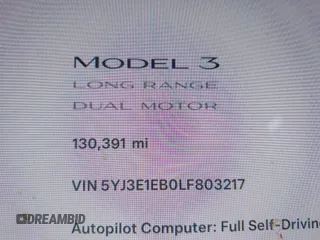 2020 Tesla Model 3 Long Range with VIN 5YJ3E1EB0LF803217, listed as a IAAI auction lot 41871940 with 130,391 mi miles. Bid and sale history available at carsss.com. Image 7.