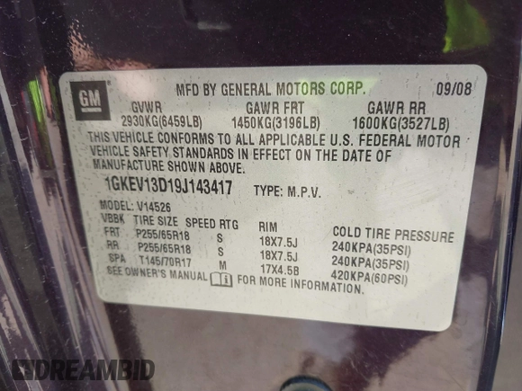 2009 GMC Acadia SLE1 with VIN 1GKEV13D19J143417, listed as a IAAI auction lot 41795852 with 204,887 mi miles and . Bid and sale history available at carsss.com. Image 9.