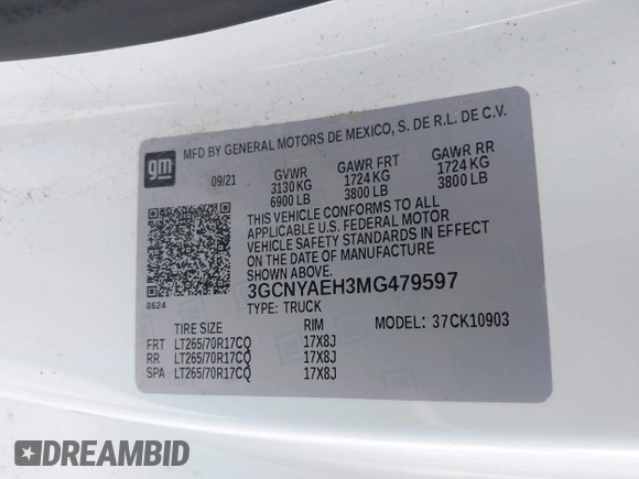 2021 Chevrolet Silverado 1500 with VIN 3GCNYAEH3MG479597, listed as a IAAI auction lot 42053040 with 102,403 mi miles and . Bid and sale history available at DreamBid. Image 9.