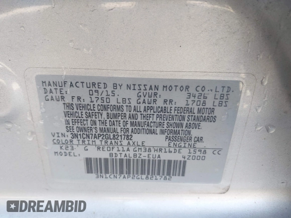 2016 Nissan Versa S Plus with VIN 3N1CN7AP2GL821782, listed as a IAAI auction lot 41853797 with 114,270 mi miles. Bid and sale history available at carsss.com. Image 9.