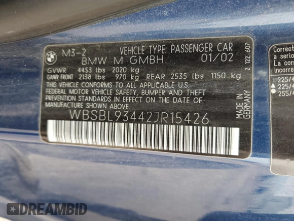 2002 BMW 3 Series M3 with VIN WBSBL93442JR15426, listed as a Copart auction lot 51301065 with 187,447 mi miles and Clean Title. Bid and sale history available at DreamBid. Image 12.