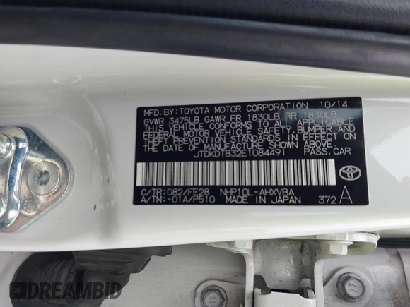 2014 Toyota Prius One with VIN JTDKDTB32E1084491, listed as a IAAI auction lot 41293744 with 132,110 mi miles and . Bid and sale history available at DreamBid. Image 9.