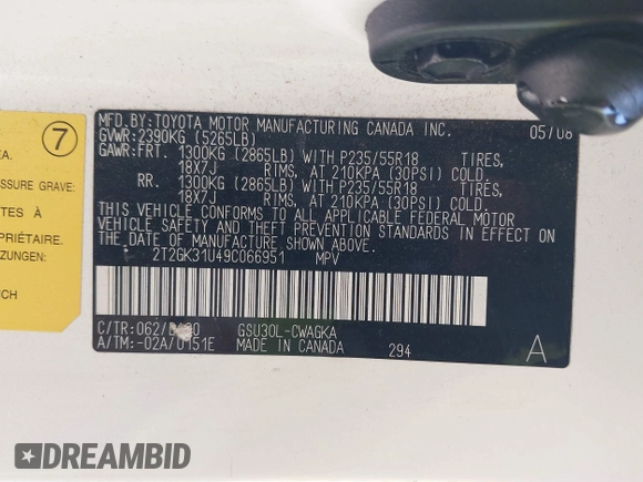 2009 Lexus RX 350 with VIN 2T2GK31U49C066951, listed as a IAAI auction lot 41369133 with 136,675 mi miles and . Bid and sale history available at DreamBid. Image 9.