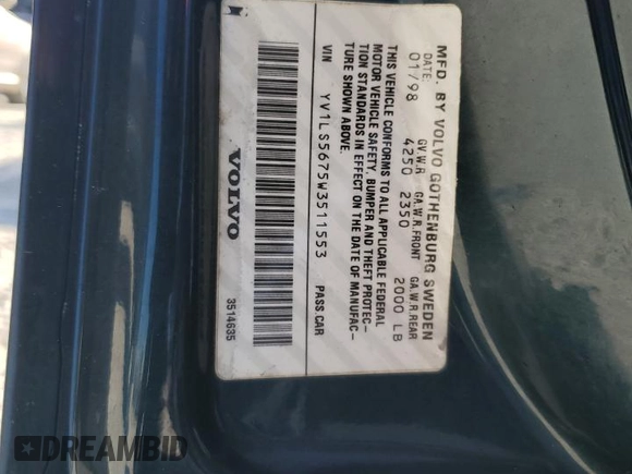1998 Volvo S70 z VIN YV1LS5675W3511553, wystawiony jako Copart lot #75102454 z przebiegiem Nie podano mil oraz Szkody całkowita. Historia ofert i sprzedaży dostępna na DreamBid. Obrazek 13.