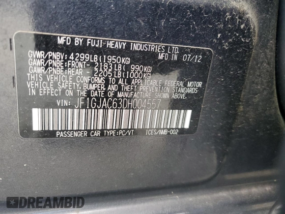 2013 Subaru Impreza Premium z VIN JF1GJAC63DH004557, wystawiony jako Copart lot #53601875 z przebiegiem 166 250 mil mil oraz Czysty tytuł • Clean title. Historia ofert i sprzedaży dostępna na DreamBid. Obrazek 12.