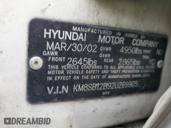2002 Hyundai Santa Fe with VIN KM8SB12B92U269905, listed as a Copart auction lot 43964245 with 314,749 mi miles and Salvage Title. Bid and sale history available at carsss.com. Image 13.