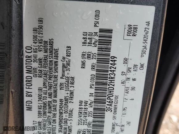 2017 Ford Fusion SE with VIN 3FA6P0HD2HR342449, listed as a Copart auction lot 42626785 with 55,121 mi miles and Salvage Title. Bid and sale history available at carsss.com. Image 13.