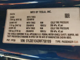2024 Tesla Model 3 with VIN 5YJ3E1EA3RF758189, listed as a IAAI auction lot 41987653 with 9,423 mi miles. Bid and sale history available at carsss.com. Image 9.