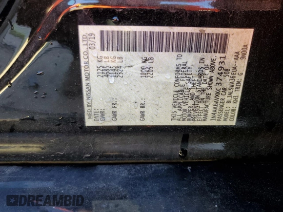 2019 Nissan Maxima SV with VIN 1N4AA6AVXKC374931, listed as a Copart auction lot 45708235 with 35,895 mi miles and Salvage Title. Bid and sale history available at DreamBid. Image 13.