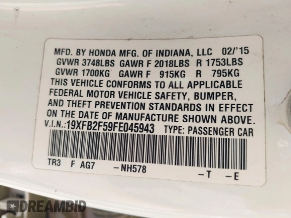 2015 Honda Civic LX with VIN 19XFB2F59FE045943, listed as a IAAI auction lot 42312404 with 108,679 mi miles and . Bid and sale history available at DreamBid. Image 9.