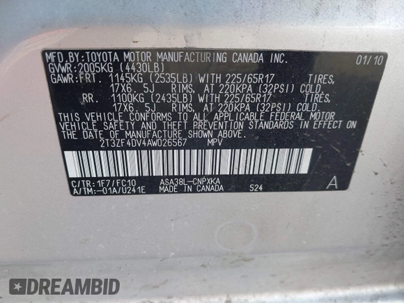 2010 Toyota RAV4 with VIN 2T3ZF4DV4AW026567, listed as a IAAI auction lot 41764026 with 148,051 mi miles. Bid and sale history available at carsss.com. Image 9.