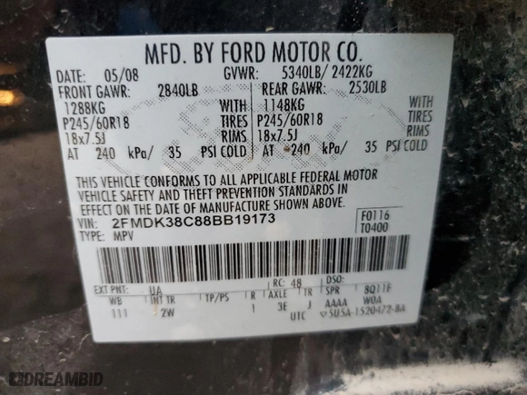 2008 Ford Edge SEL with VIN 2FMDK38C88BB19173, listed as a Copart auction lot 42954005 with 235,494 mi miles and Salvage Title. Bid and sale history available at carsss.com. Image 13.