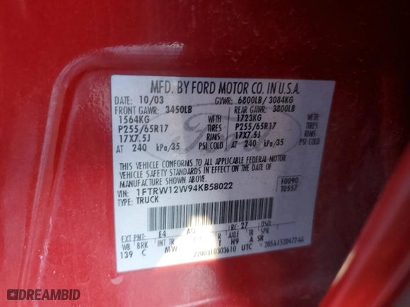 2004 Ford F-150 XLT with VIN 1FTRW12W94KB58022, listed as a Copart auction lot 89311015 with 242,073 mi miles and Salvage Title. Bid and sale history available at carsss.com. Image 12.