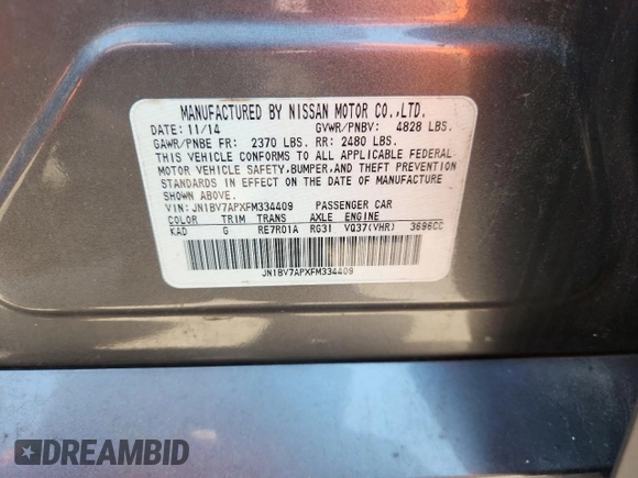 2015 Infiniti Q50 with VIN JN1BV7APXFM334409, listed as a Copart auction lot 63150875 with 125,803 mi miles and Salvage title. Bid and sale history available at DreamBid. Image 12.