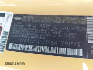 2008 MINI Hardtop S with VIN WMWMF73568TT91873, listed as a IAAI auction lot 42716448 with 77,617 mi miles and . Bid and sale history available at DreamBid. Image 9.