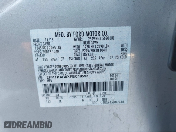 2015 Ford Edge SE with VIN 2FMTK4G8XFBC19593, listed as a IAAI auction lot 41418576 with Not provided miles and . Bid and sale history available at DreamBid. Image 9.